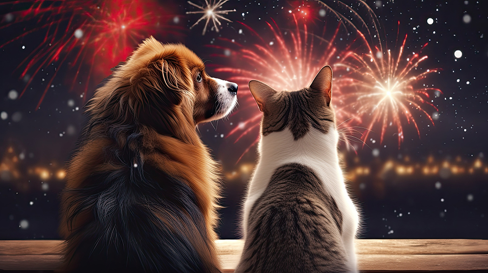 花火大会を見る犬と猫